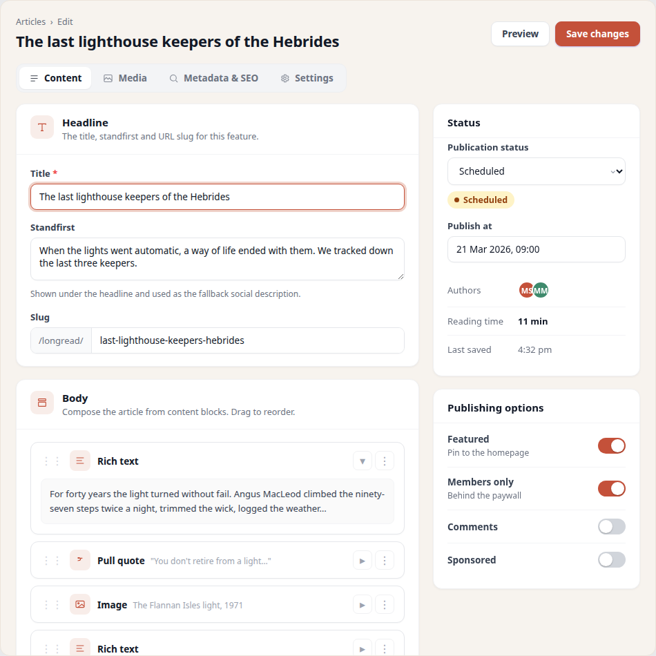 A clean, streamlined Laravel admin interface for editing the same article